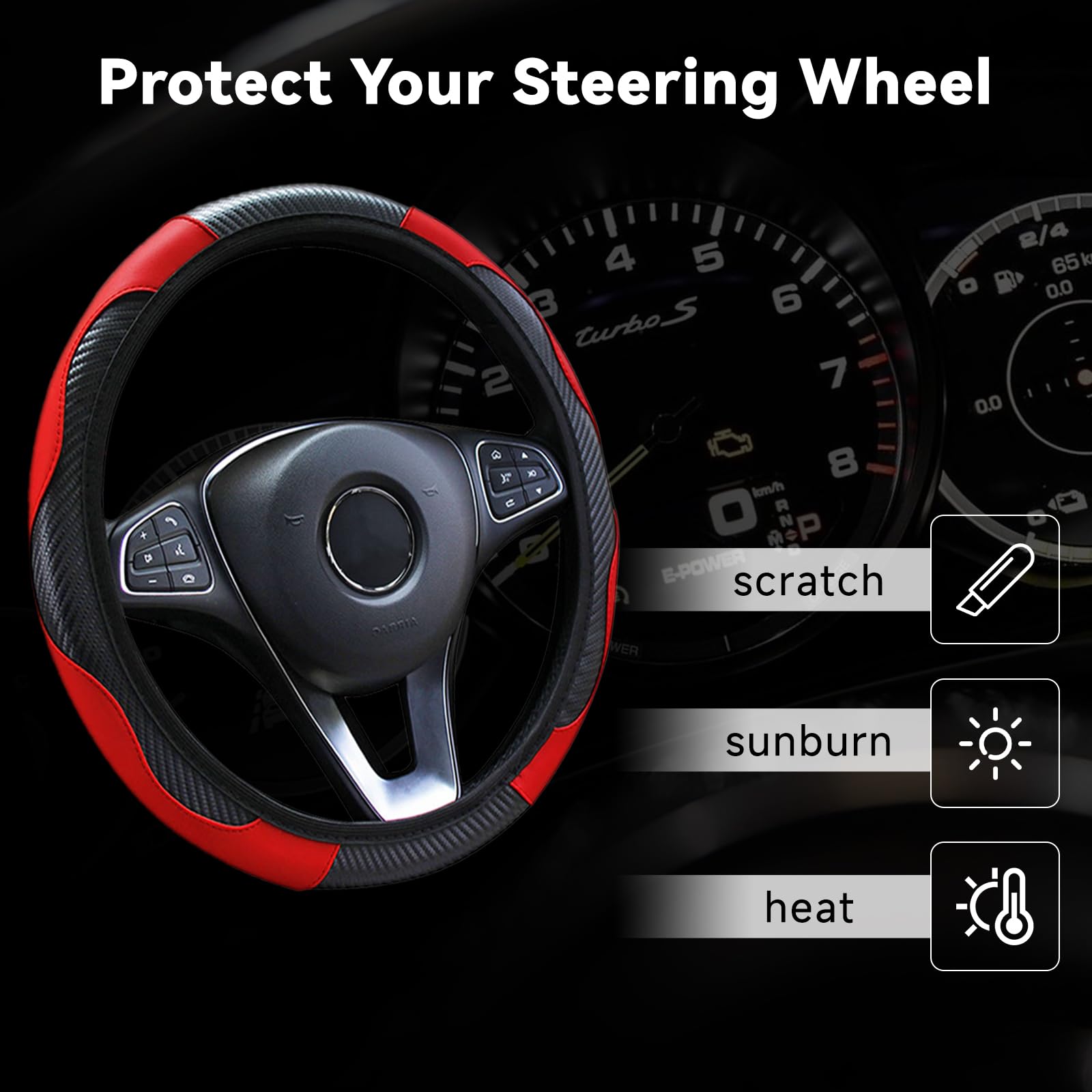 Sporty Red Carbon Fibre Steering Wheel Cover, Universal Stretchable Fit (37-38cm/14.5-15inch) | Genuine Leather Feel, Non-Slip & Breathable | Luxury Car Steering Wheel Protector Cover — view 2
