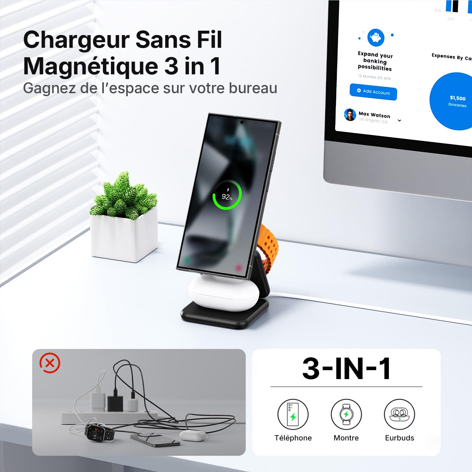KU XIU 3 en 1 Pliable Magnétique Chargeur Induction pour Samsung | Voyage Chargeur Sans Fil pour Galaxy S26 Ultra S25 Note Z Fold Flip, Station de Charge pour Galaxy Watch, pour Galaxy Buds