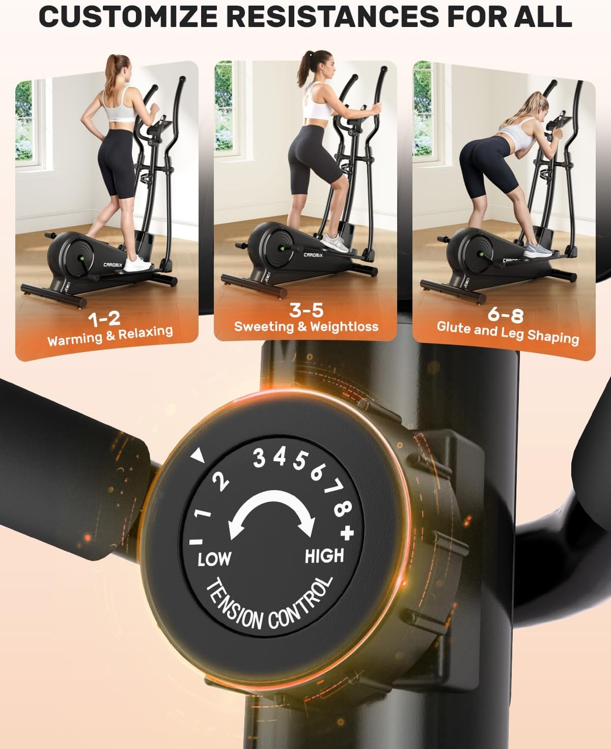 Image showing a user exercising on the elliptical machine with a close-up of the 8-level tension control knob.