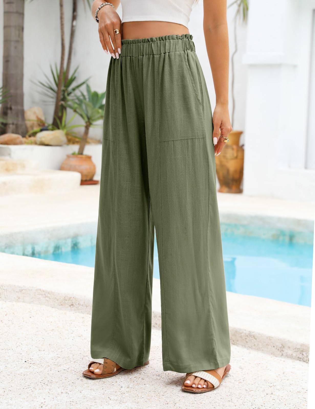 Niwicee Pantalon Fluide Femme Été Pantalon Lin Taille Haute Elastique Pantacourt Jambes Larges Ample Décontractée Palazzo Élégant Pants Solide Coupe Droite Pants avec Poches