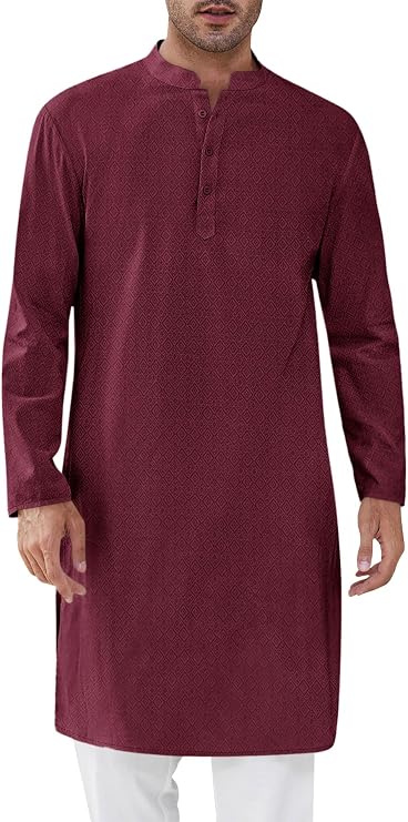 Runcati Men's Thobe Textured Henley Kurta (Diamond- Brick Red)