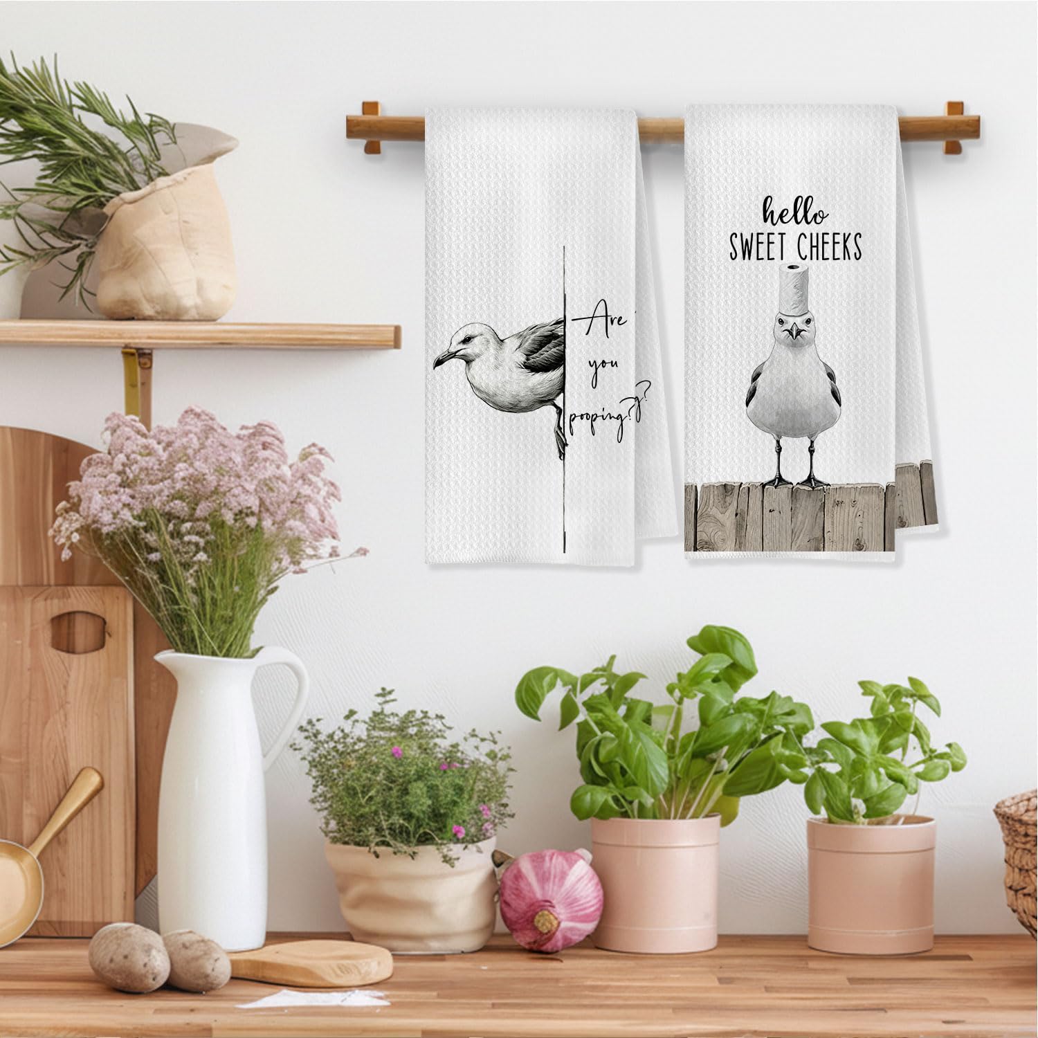 Funny Seagull Bird Bathroom Hand Towels, Hello Sweet Cheeks Bathroom Decor, Coastal Beach Seagull Decorative Hand Towels for Washroom Restroom Toilet, 16x24 Inch Set of 2