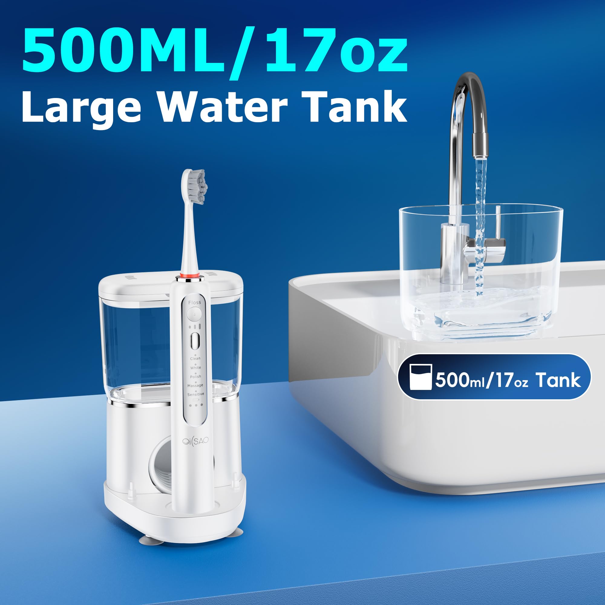 Water Flosser - Spazzolino da denti elettrico elettrico Advanced 2.0 Sonic e irrigatore orale, serbatoio da 500 ml, 3 testine e 1 punta a getto per la cura quotidiana delle gengive e la pulizia dei