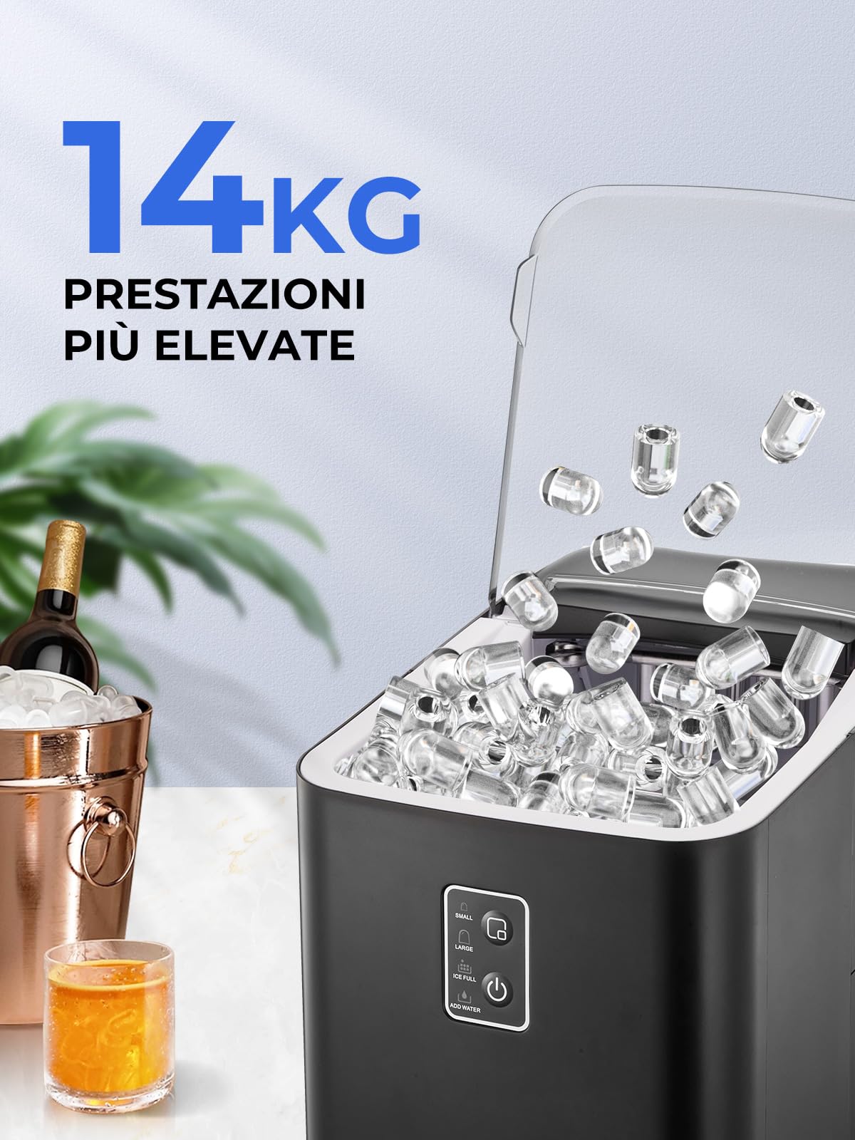 FOHERE Macchina per il ghiaccio, ghiaccio in 5 minuti, 14 kg in 24 ore, mini macchina del ghiaccio autopulente, 2 dimensioni di ghiaccio per cucina, ufficio, bar e feste, maniglia facile (Nero Scuro)