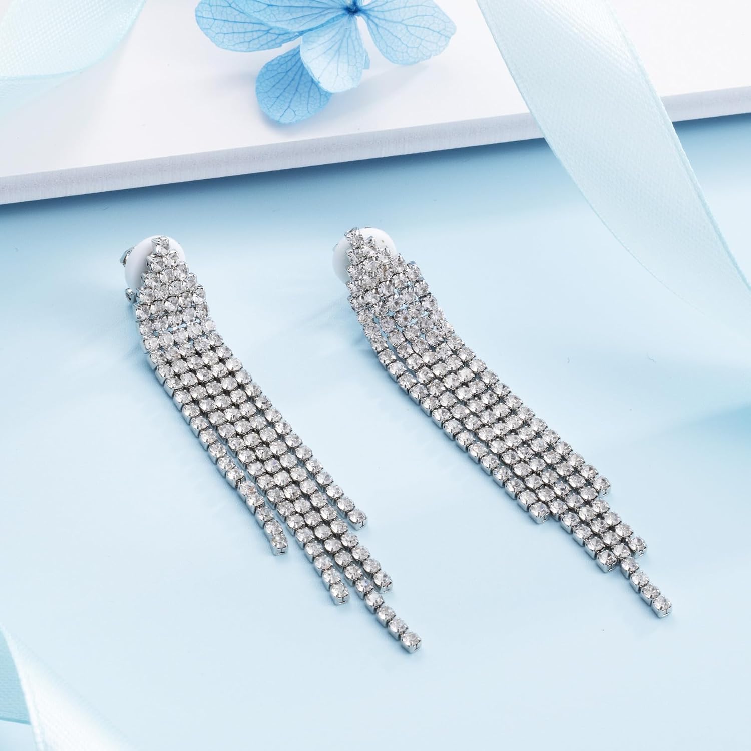 SELOVO Chandelier Tassel Dangle Linear Drop Earrings Party Jewelry Clear Austrian Crystal (3inch -Clip On-Clear) - Image 2