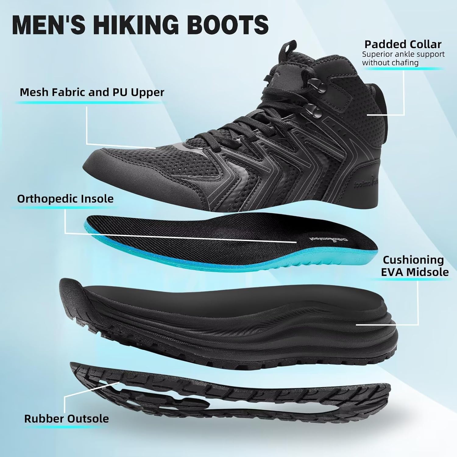 Men's Orthopedic Mid Trekking Hiking Boots: Comfortable Plantar Fasciitis Ankle Support Work Walking Running Shoes, Orthotic Cushion Sport Gym Cross Training Trail Sneakers for Foo...