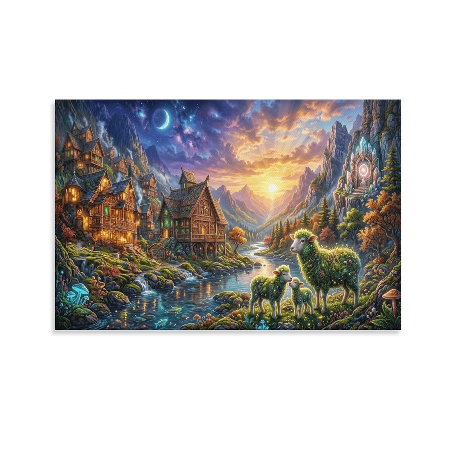 XPASHIQWC Sheep Poster Artwork Stream Cabin Village Giclee Canvas Prints Modern Canvas Wall Art Picture Wall Hanging for Office Gym Living Room Decor 24x36inch(60x90cm)