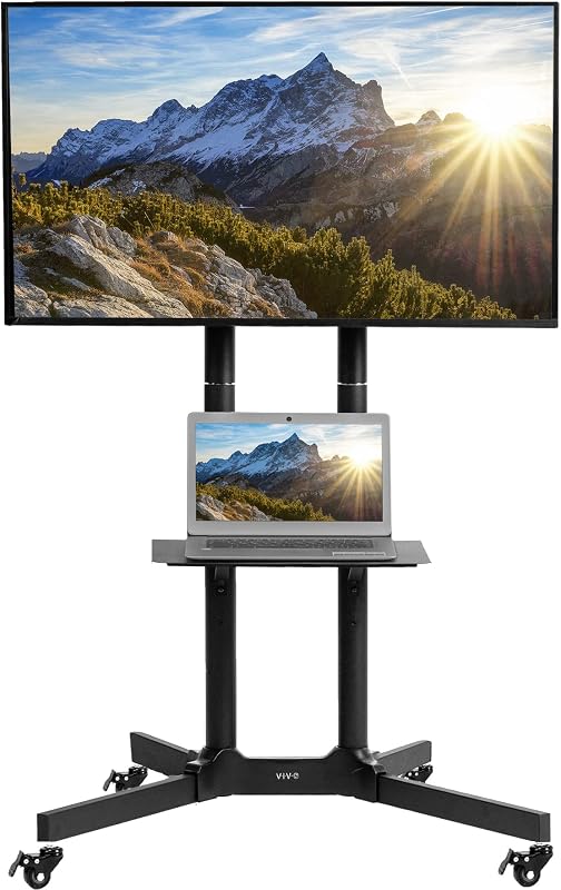 Carro de TV celular para pantallas de 32 a 83 pulgadas de hasta 110 libras, LCD LED OLED 4K paneles planos y curvos inteligentes, soporte rodante con estante para DVD para computadora portátil, ruedas de bloqueo, Max VESA 600x400, negro, STAND-TV03E