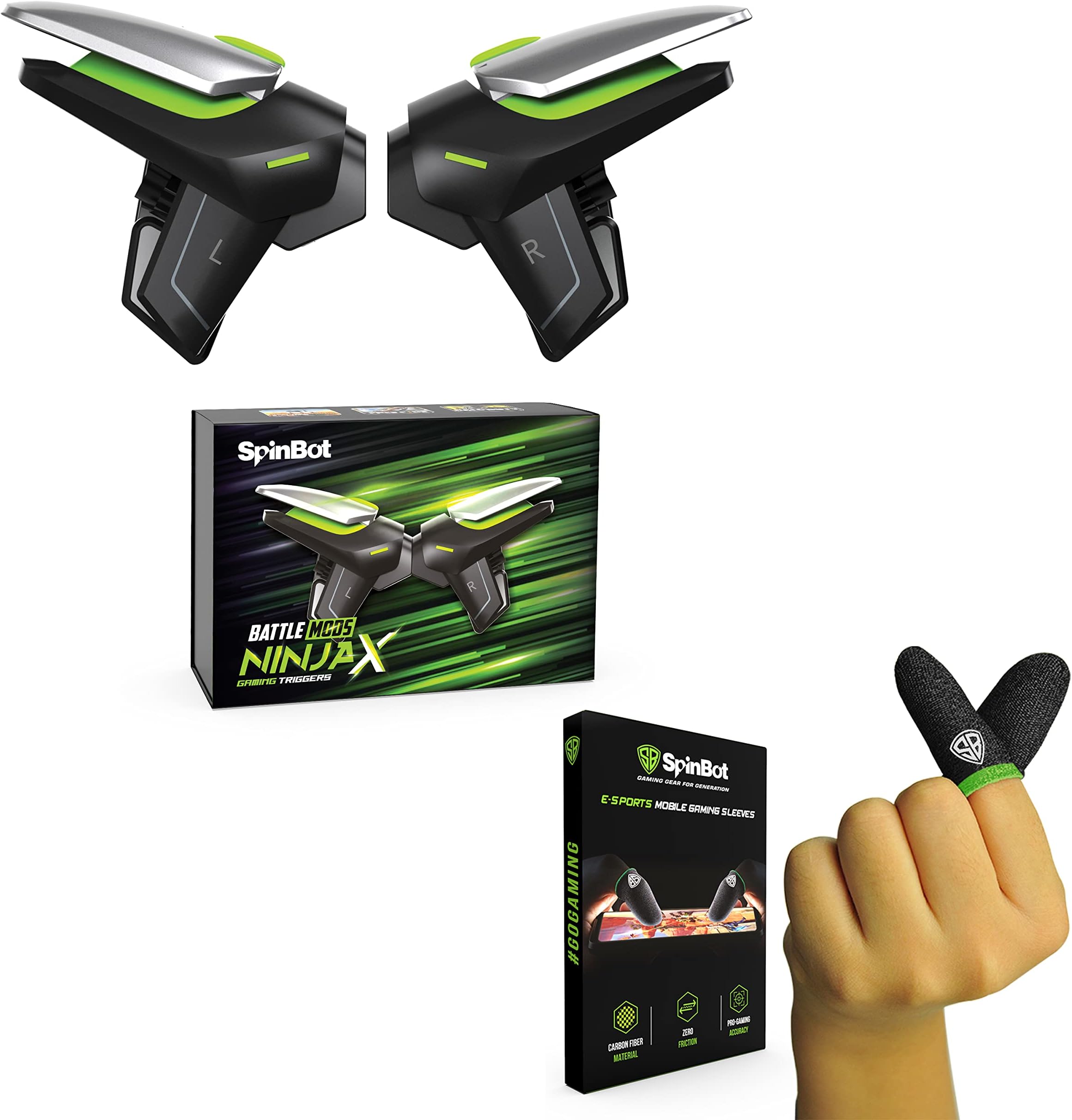 SpinBot BattleMods NinjaX Combo | Mobile Gaming Triggers + Finger Sleeves | for BGMI/Free Fire Max/COD Mobile- (Black)