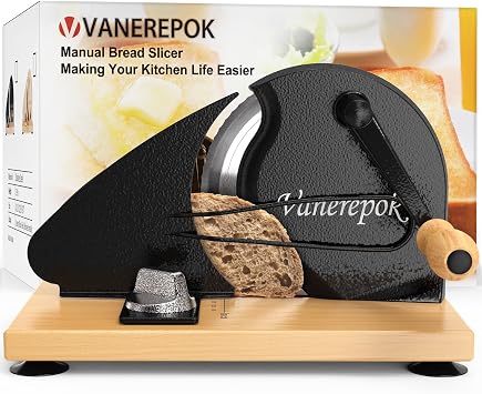 vanerepok Manual Bread Slicer Adjustable Thickness for Homemade Sourdough | Hand Crank Bread Cutter with Scale & Stable Suction Cups & Wood Base for Even Slicing Perfect Baking Gift for Home Bakers