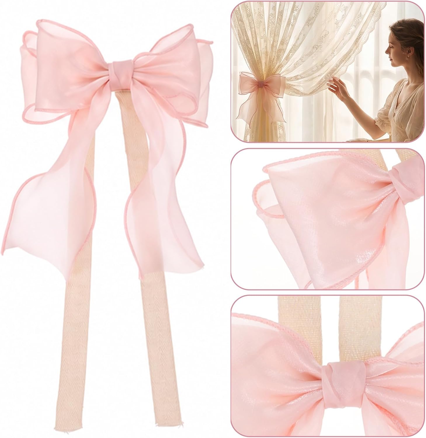 JJUNW 4Pcs Pink Silky Bow Curtain Tiebacks, French Lace Curtain Holdbacks