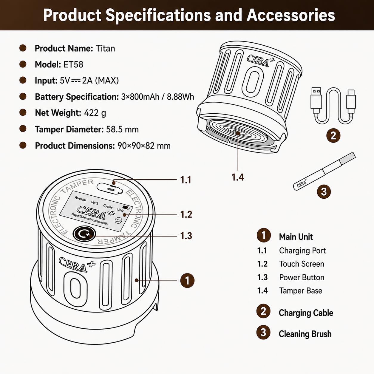 CERA+ ET58 Titan - Tamper eléctrico de café - Portafiltro profesional de 58 mm con presión y vibración ajustables - No apto para cafeteras portátiles