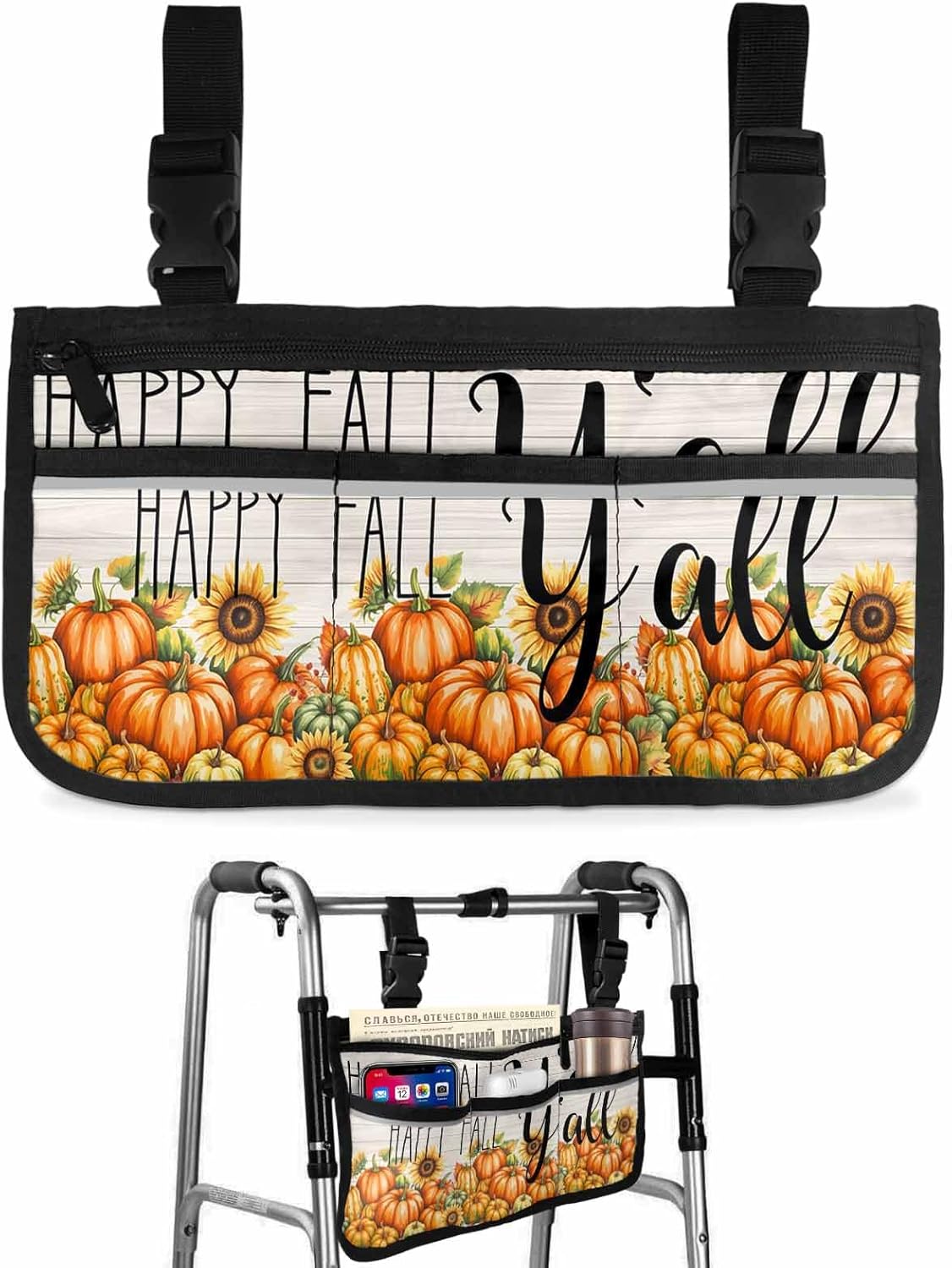 Thanksgiving Pumpkins Wheelchair Side Bag Walker Bag, Harvest Happy Fall Y'all Wheelchair Accessories Armrest Pouch, Organizer Storage Bag for Walkers, Rollators, Scooters, 7.3''x13''