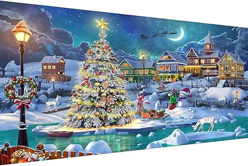 Pintura de diamantes de noche de Navidad, kit de pintura de diamante 5D para adultos, taladro completo, árbol de Navidad con luna de diamante,