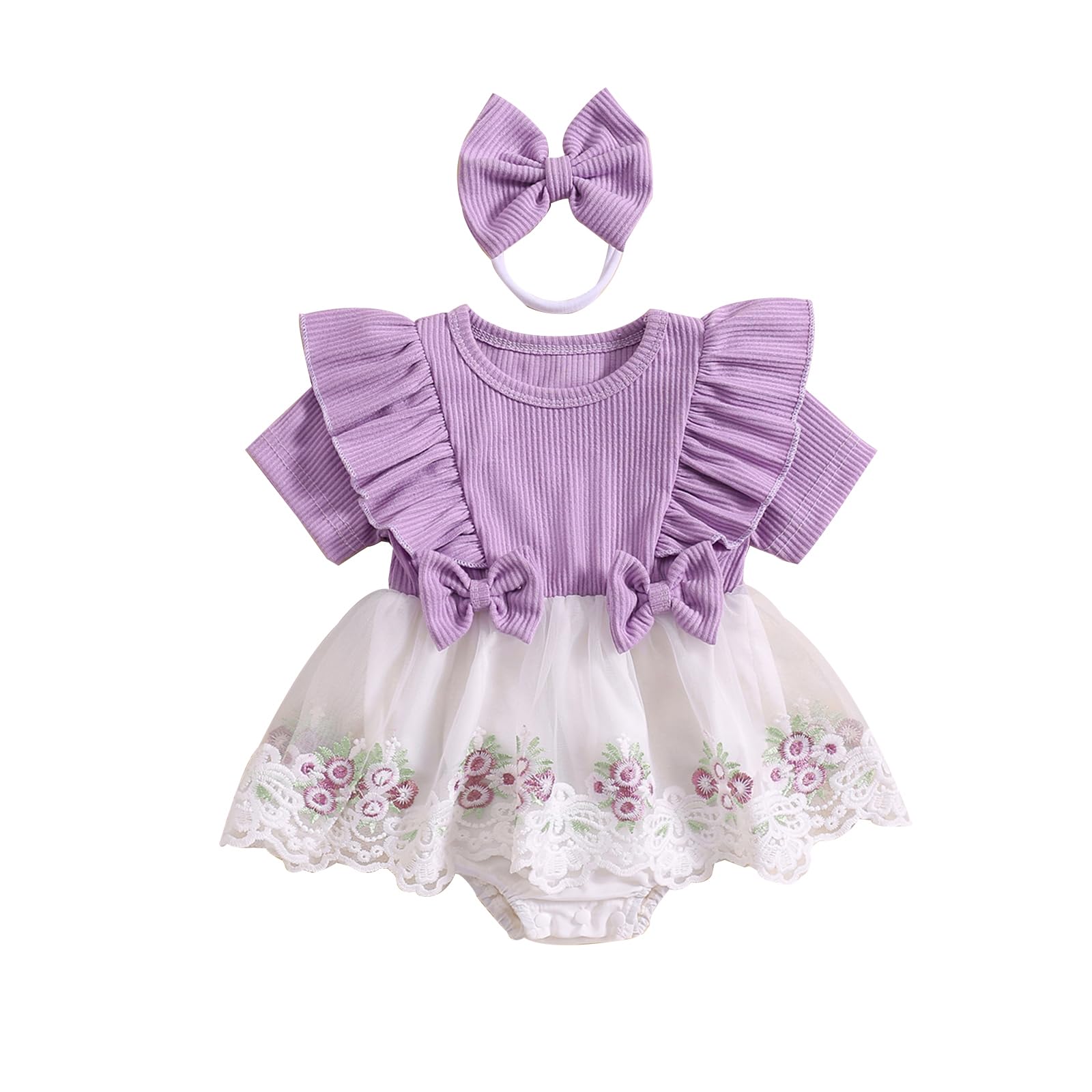 KMBANGI Newborn Baby Girls Romper Dress Flower Embroidery Ruffle Short Sleeve Crew Neck Tulle Jumpsuits Bow Headband Summer (Purple, 0-3 Months)