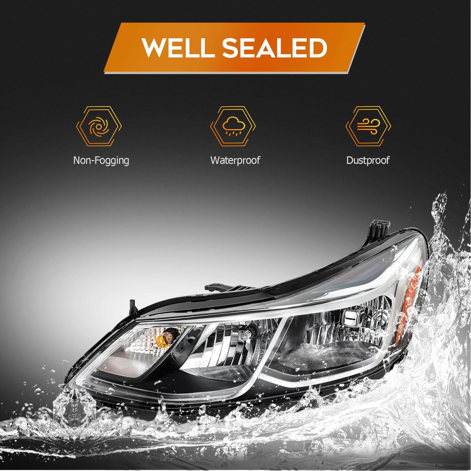 Headlight Assembly for Chevrolet Impala 2014-2020 Chrome Housing Amber Reflector Clear Lens Driver and Passenger Side Headlamp