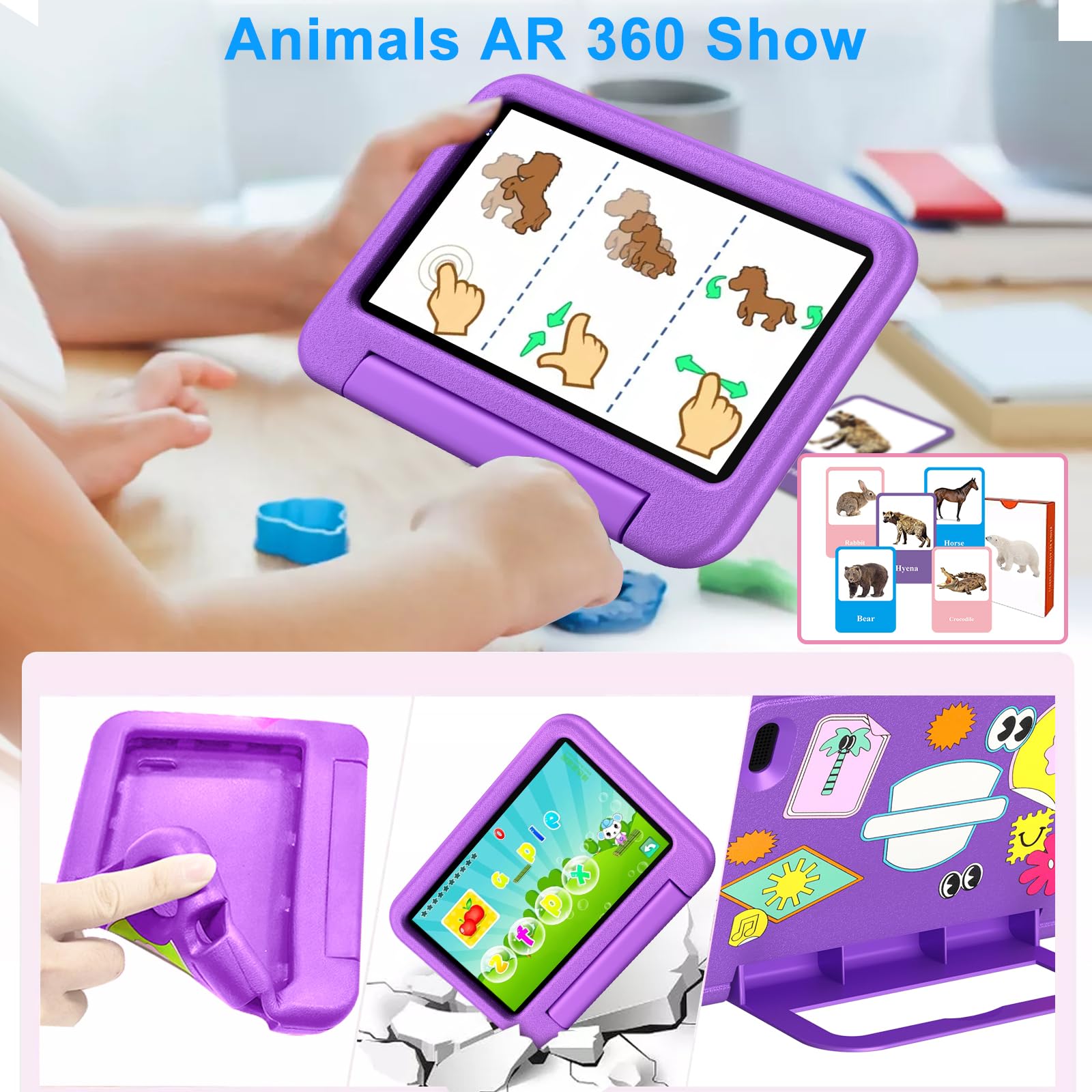 Tablet per Bambini Andorid 14 Tablets 7 Pollici 10GB RAM + 64GB ROM (TF 1TB), 5G WiFi 6, BT5.0, Octa-Core, Controllo Parentale | Doppia Fotocamera | GMS Certificated | GPS | Tablet con Custodia -Viola
