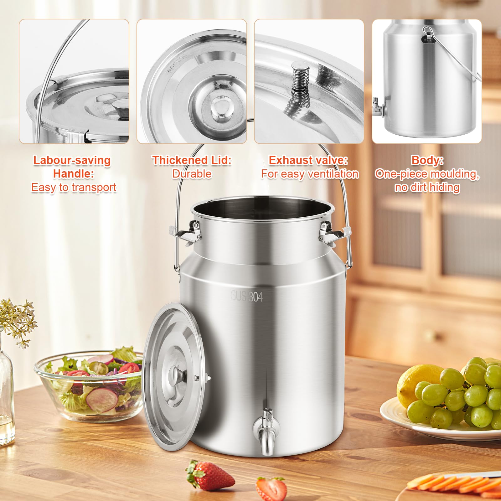 YUCHENGTECH 304 Acero Inoxidable La Leche Puede 10L Cubo De Transporte De Leche con Tapa Sellada y Grif Olla De Lechería Bote De Leche Jarra de Leche de Acero Inoxidable Cubo de Leche
