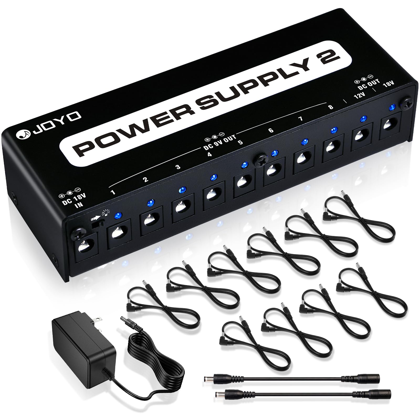 JOYO Guitar Pedal Power Supply 10 Isolated Output DC 9V 12V 18V Options for Distortion, Reverb, Chorus Effect Pedalboard Chains (JP-02)