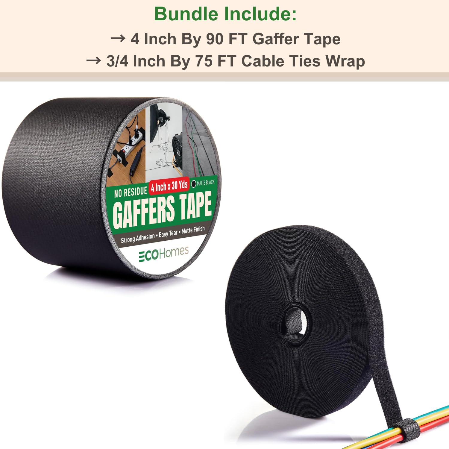 ECOHomes Bundle - 4 Inch x 90 FT Gaffer Tape + 3/4 Inch by 75 FT Cable Ties Wrap
