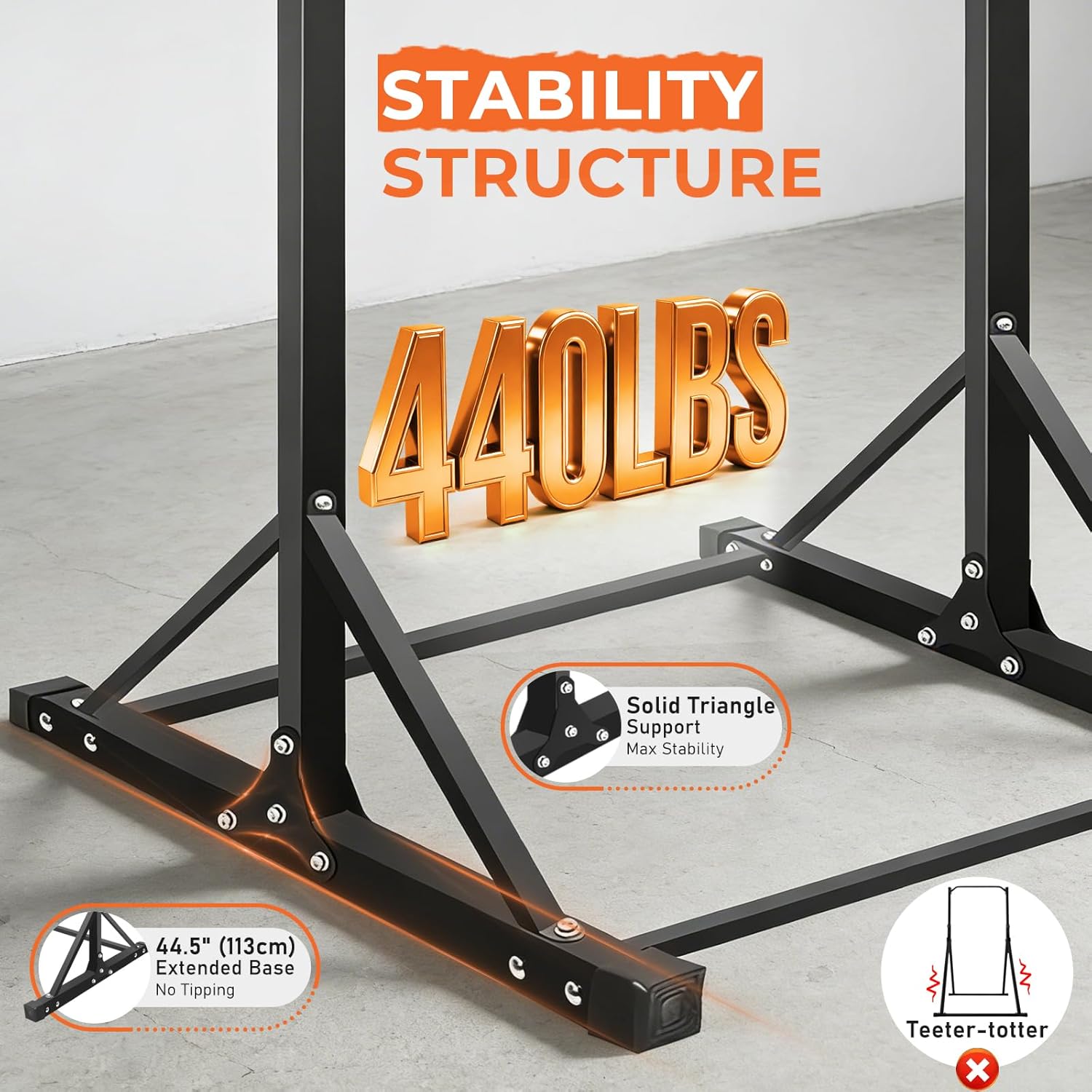 Power Tower Pull Up Bar Station - 440LBS Heavy Duty Home Gym Equipment - Adjustable Height (4.2ft-7ft) Free Standing Chin Up Bar with Zero-Wobble Triangular Base for Strength Training & Calisthenics