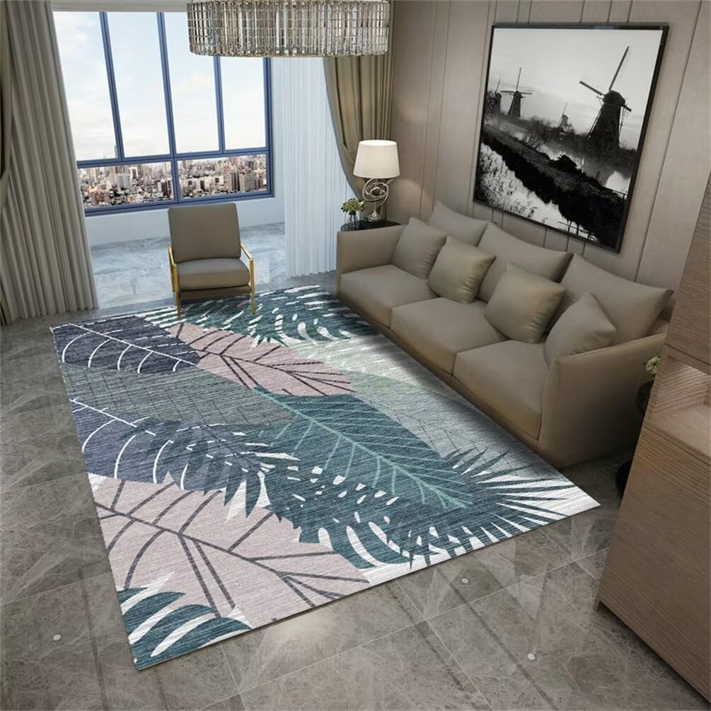 Tapis de sol salon moderne bleu 80x140 cm avec motif feuilles vertes