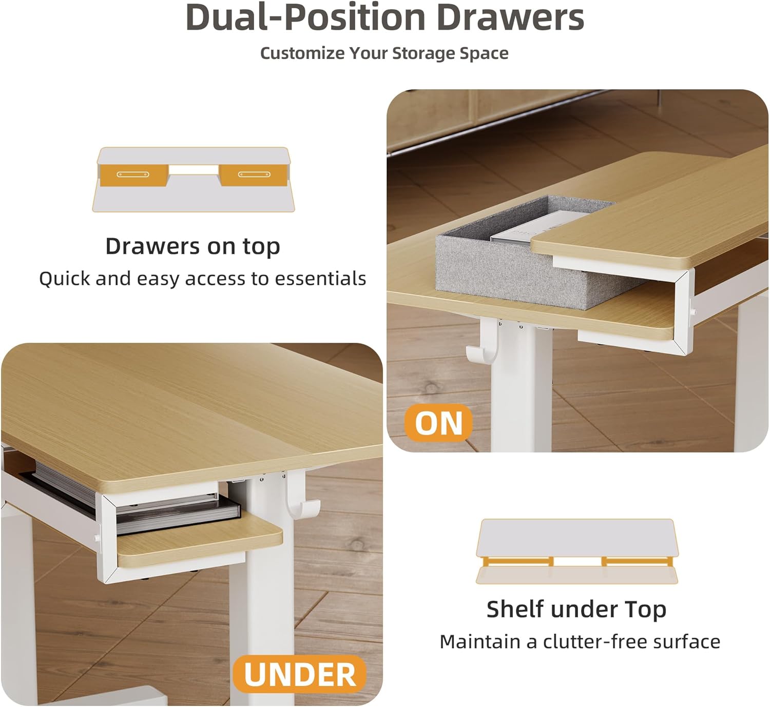 Illustration of dual-position drawers, showing them placed on top or under the monitor shelf