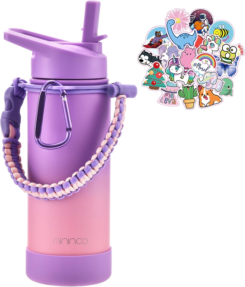 Mininoo Kids Water Bottle for School, 16oz Insulated Stainless Steel Water Bottle Kids with Straw Lid for Girls（Purple/Pink）