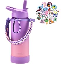 Mininoo Kids Water Bottle for School, 16oz Insulated Stainless Steel Water Bottle Kids with Straw Lid for Girls（Purple/Pink）