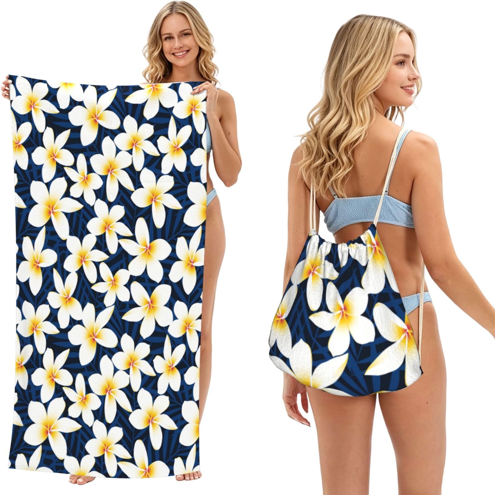 Poadnly As Picture Print Tropical White Frangipani Plumeria Flower, 2 In 1 Packable Towel Bag, Beach Towels With Drawstring Backpack For Travel Holiday Camping