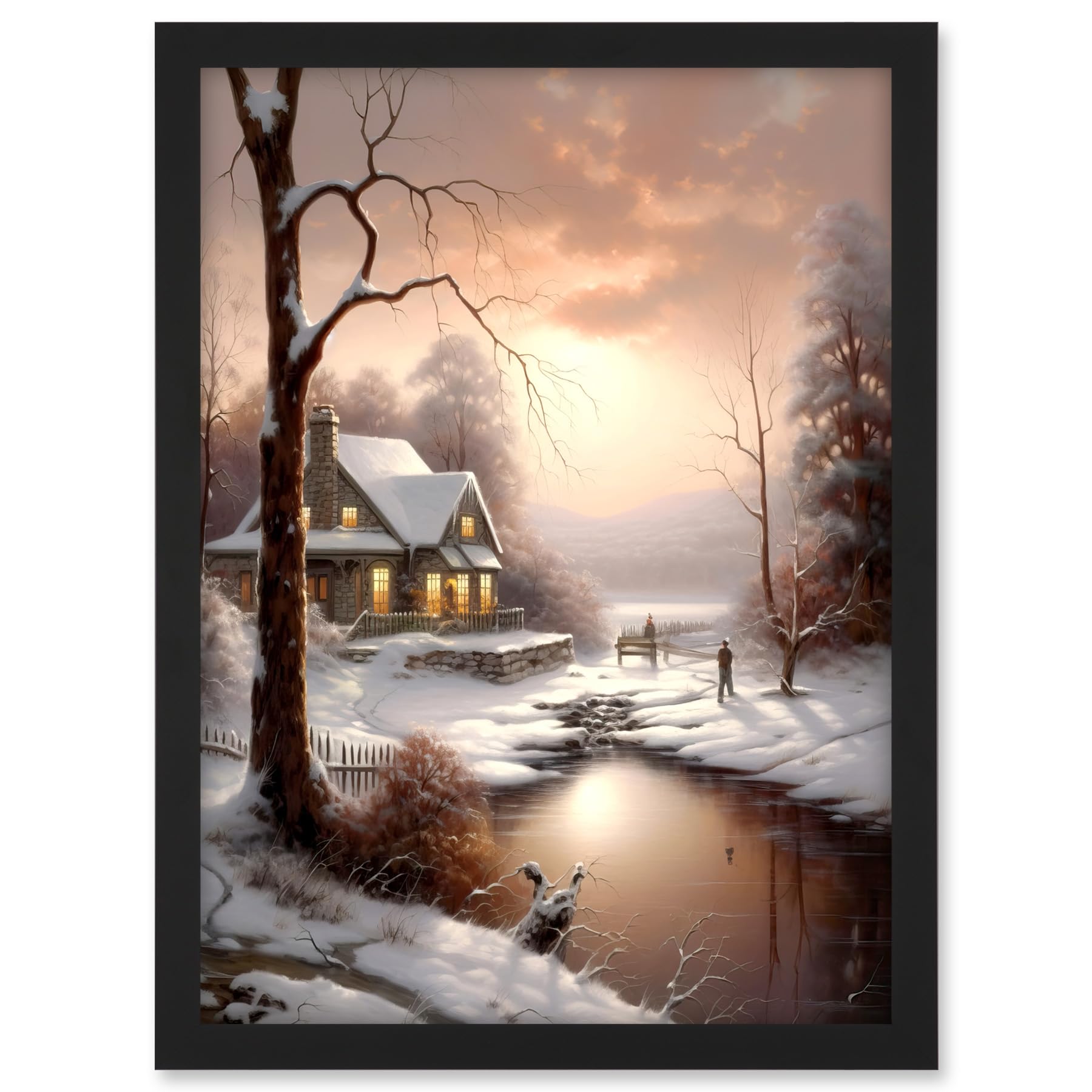 Artery8 Winter Cottage Landscape Oil Painting Snow Lake Sunset Snowy Trees Artwork Framed A3 Wall Art Print