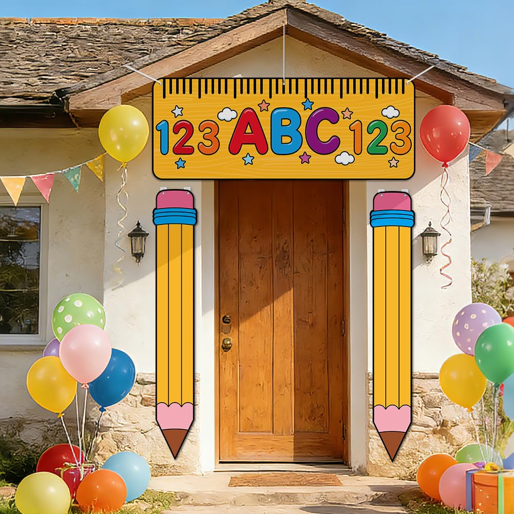 SUPERDANT 3Pcs Welcome Back to School Porch Banner Welcome Back School Sign Reusable Fabric Door Couplet With Hooks Rope Pencil Ruler Shape For Kindergarten Preschool Entryway Photo Backdrop 180x30cm