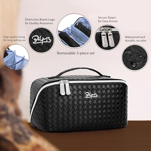 Miniatura 7 de BOYATU Bolsas de maquillaje de viaje para mujer bolsa grande para cosméticos, bolsa de maquillaje de piel sintética, juego de 3 unidades,