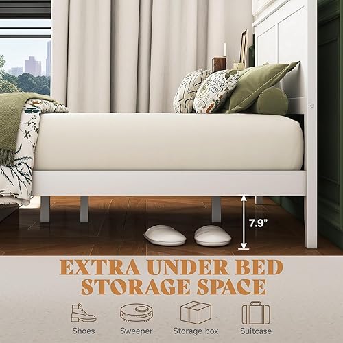 Miniatura 10 de Base de cama tamaño matrimonial gris con cabecera y estribo, cama de plataforma de tamaño matrimonial con soporte de listones de madera, marco de