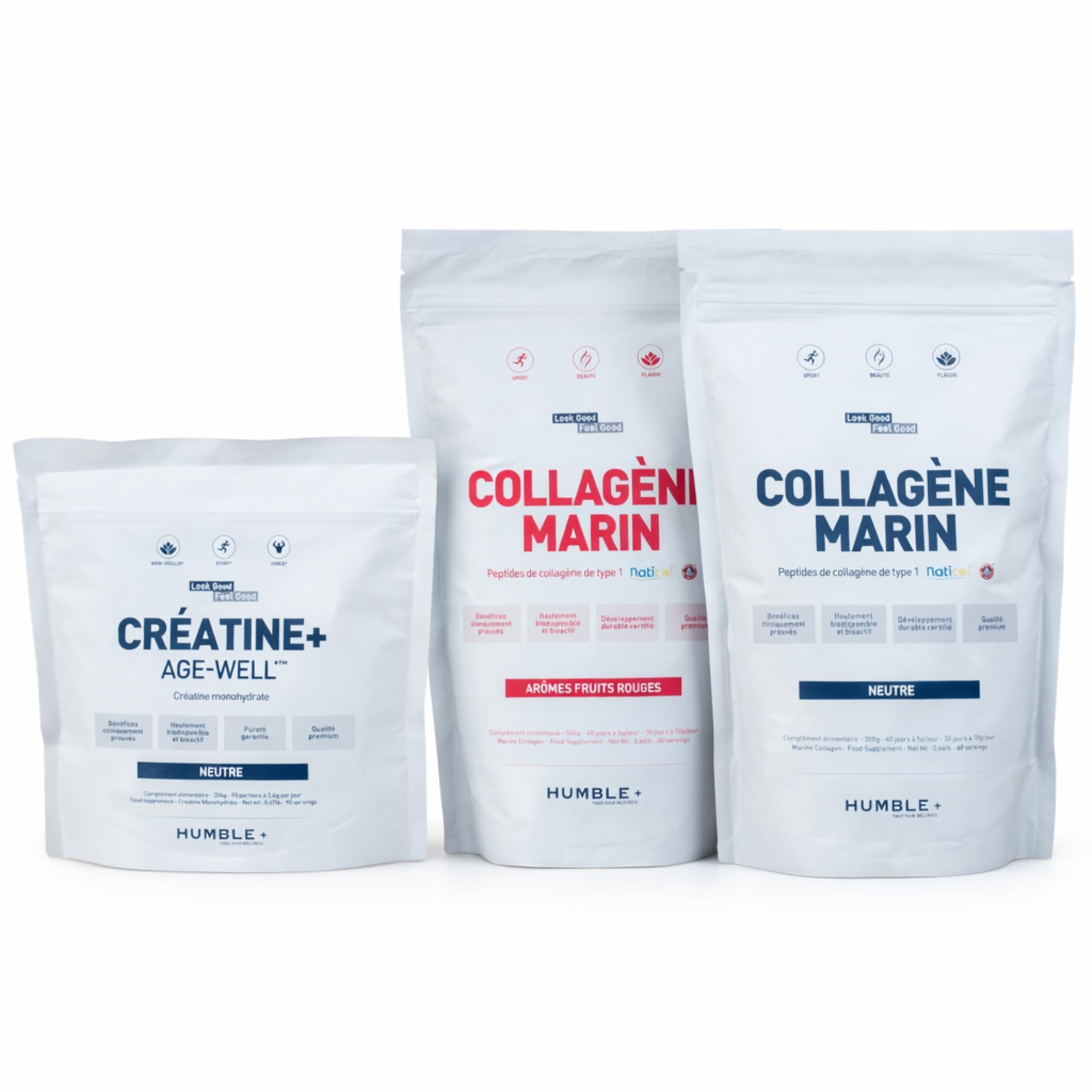 HUMBLE+ Pack Ménopause Poudre 3 Mois - Collagène Naticol + Créatine | Peptides Marins & Monohydrate à Diluer, pour les Femmes - Programme Trimestriel - Complément Alimentaire - Marque Française