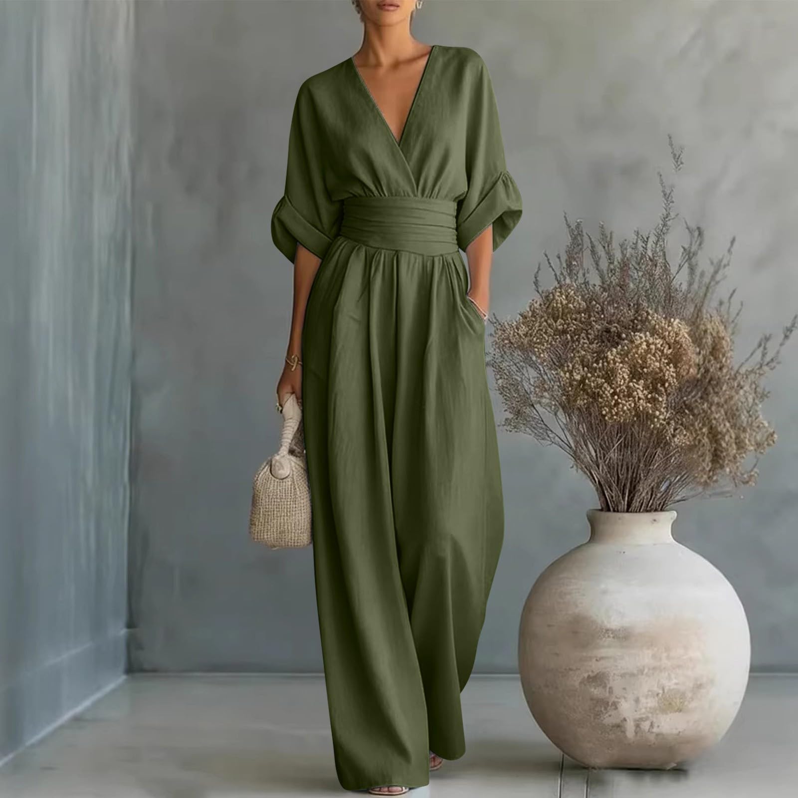 Tuta estiva da donna, elegante, con maniche, lunga e sciancrata | Tuta con pantaloni, a gamba larga, con tasche, scollo a V, tutina per ospiti di nozze, per feste