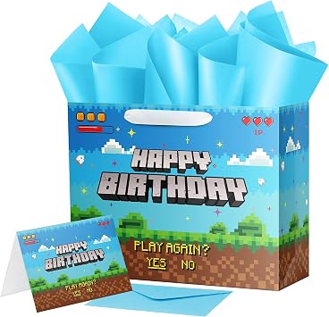 Ranfashiong 13" Large Pixel Theme Boys Birthday Gift Bag with Tissue Paper and Card for Kids Party Supplies Blue