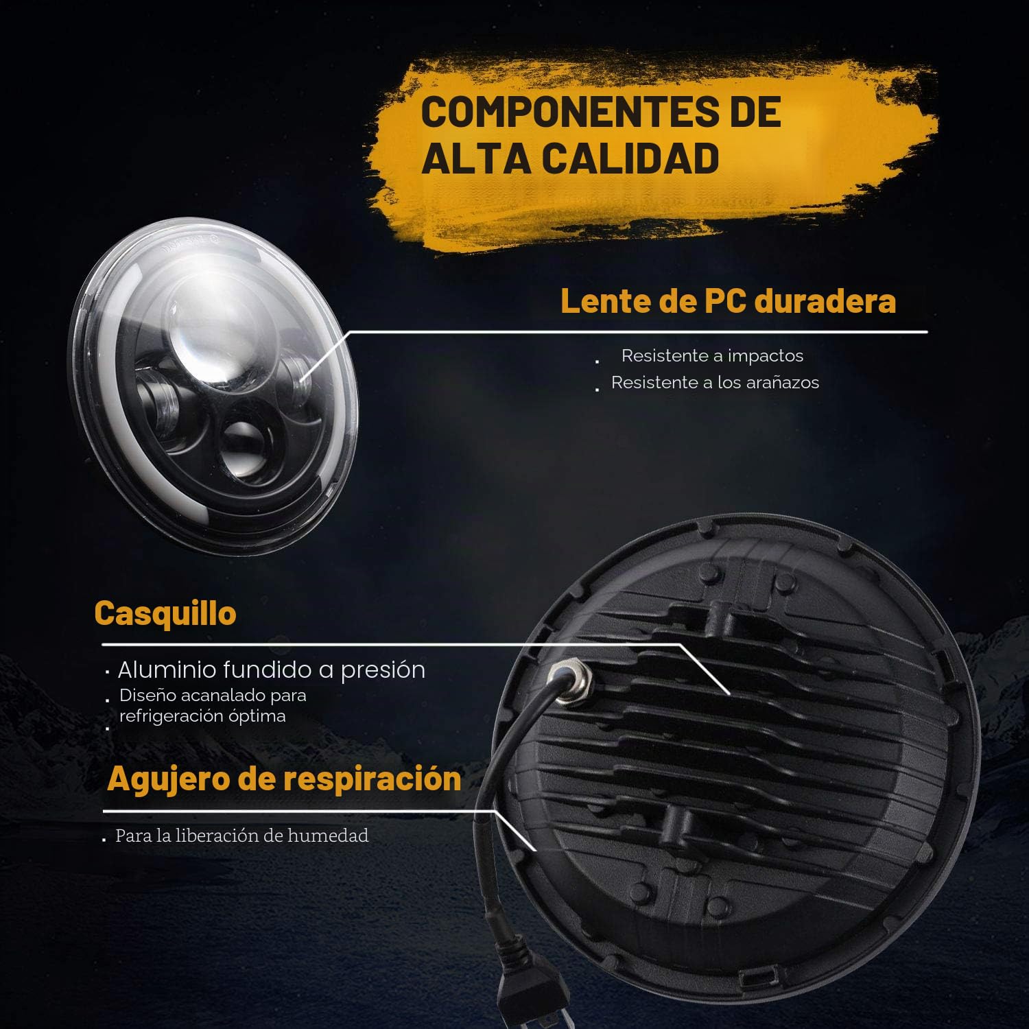 7" Luz de trabajo LED de100W 10000LM 4 lentes Ojos de ángel 3000K+6000K 4 modos de iluminación Luces LED todoterreno redondas negras Cree Luz baja DRL HI LO Haz para Wrangler JK TJ LJ CJ Hummber H1 H2