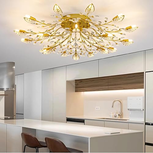 Miniatura 5 de Moderna lámpara de techo de cristal con hojas doradas, luces de techo semiempotradas, iluminación para dormitorio, sala de estar, comedor, cocina,