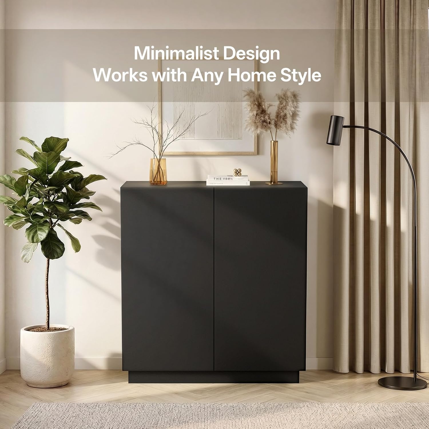 amunrbrek 31.5" Minimalist Buffet Cabinet with Storage, Solid Color Smooth Surface Sideboard Console Table for Dining Room, Kitchen, Living Room, and Entryway (Black)