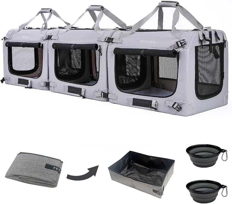 Extra Large Cat Carrier Soft Sided, Portable Small Dog Carrier for 2 Cats, 24"x16.5"x16" Car Travel Folding Comfortable Design with Litter Box and Bowls, Grey-3+ Litter Box+ Bowls