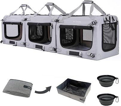 Extra Large Cat Carrier Soft Sided, Portable Small Dog Carrier for 2 Cats, 24"x16.5"x16" Car Travel Folding Comfortable Design with Litter Box and Bowls, Grey-3+ Litter Box+ Bowls