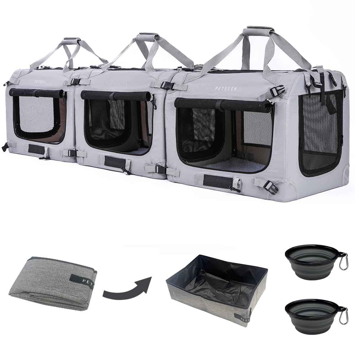Extra Large Cat Carrier Soft Sided, Portable Small Dog Carrier for 2 Cats, 24"x16.5"x16" Car Travel Folding Comfortable Design with Litter Box and Bowls, Grey-3+ Litter Box+ Bowls