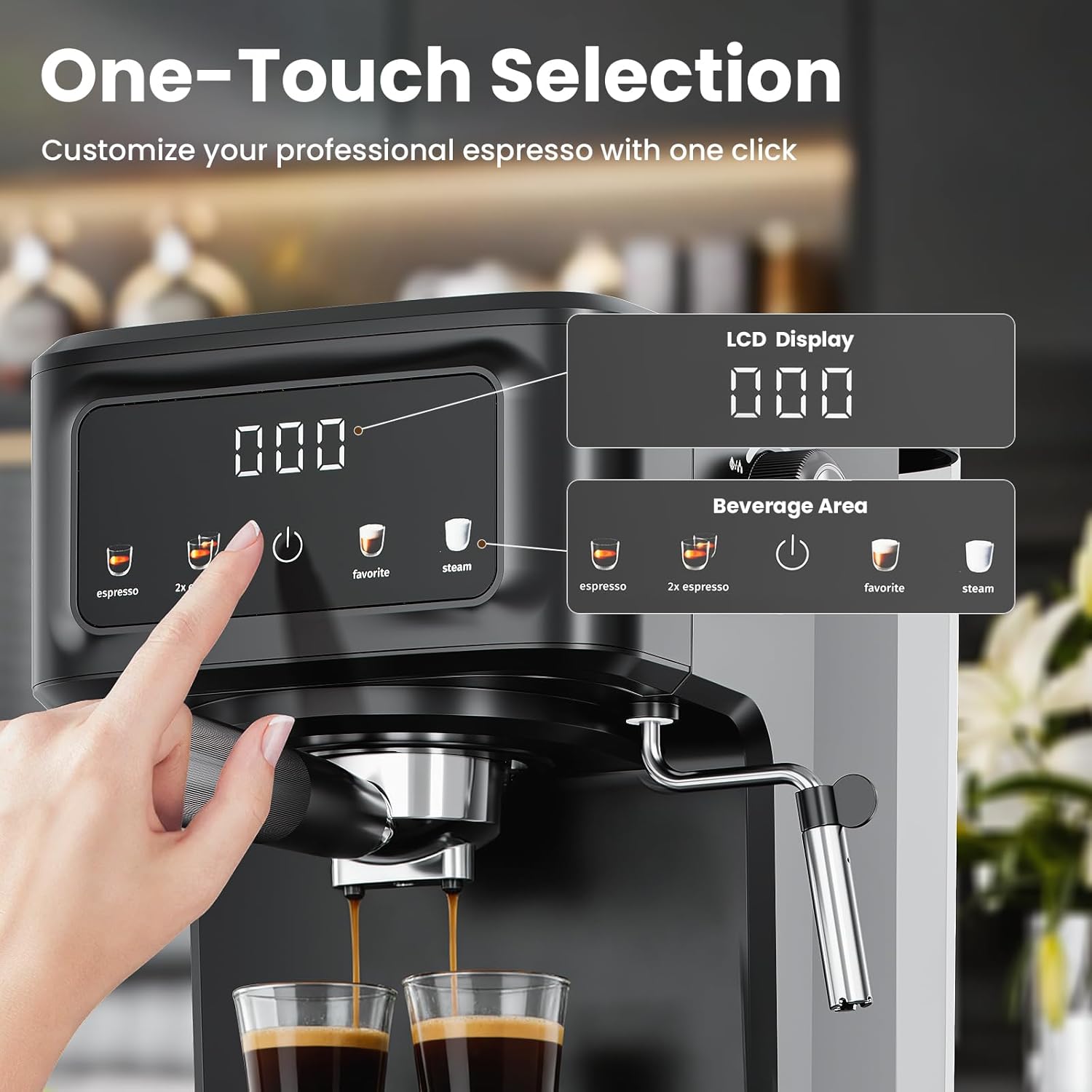 Kismile Espresso Machine with Milk Frother, 15 Bar Digital Espresso Maker with LED Touchscreen, 50oz Removable Tank for Latte & Cappuccino, Compact Coffee Maker for Home