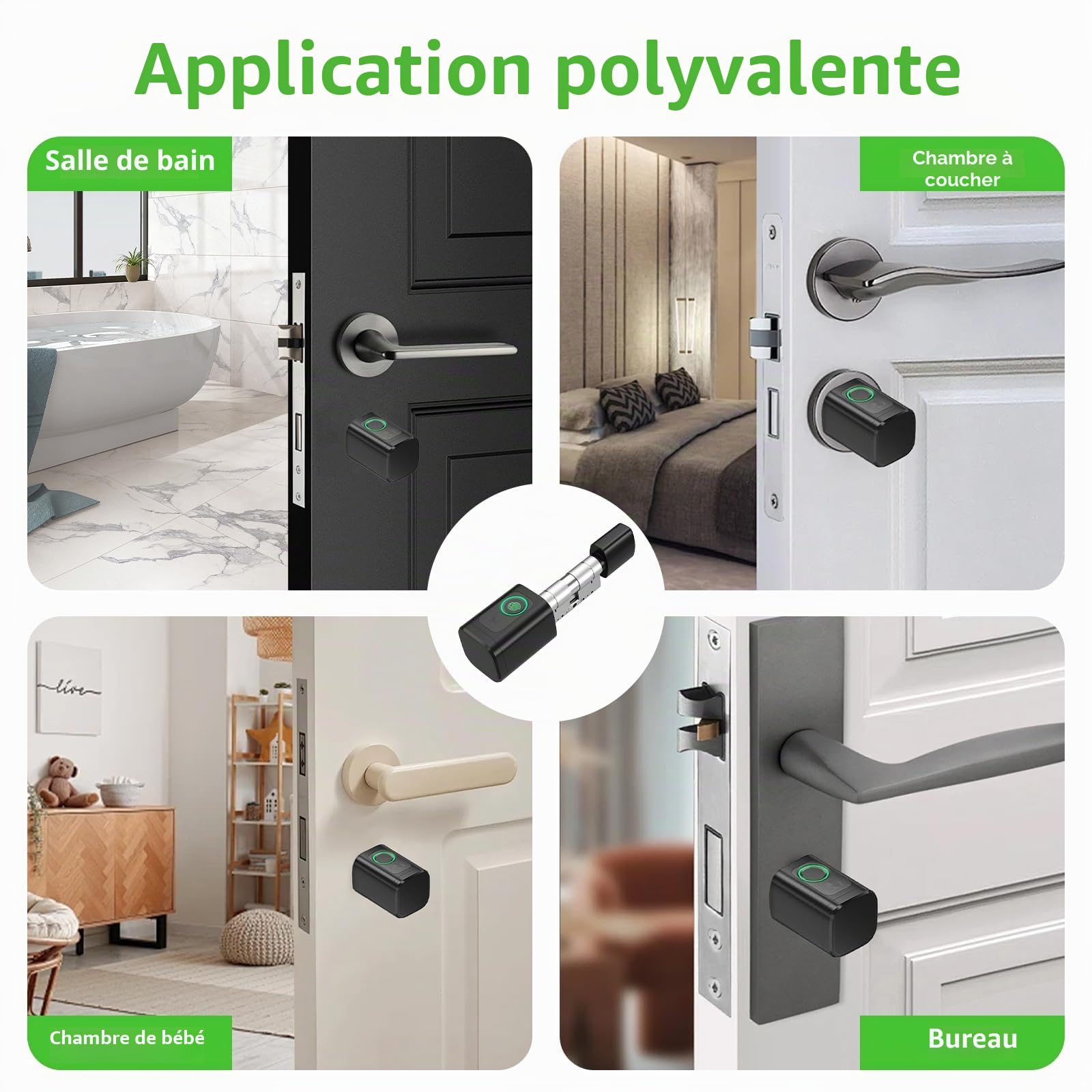 Serrure Connectée 5 en 1, Serrure de Porte avec Cylindre Réglable 60–90 mm, Déverrouillage par Empreinte, Code, Carte RFID, Tuya App, Bluetooth et Clé, Mode Invité & Mot de Passe Unique