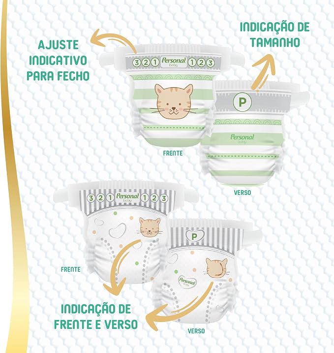 Diagrama mostrando o ajuste indicativo para fecho e identificacao de frente e verso da fralda