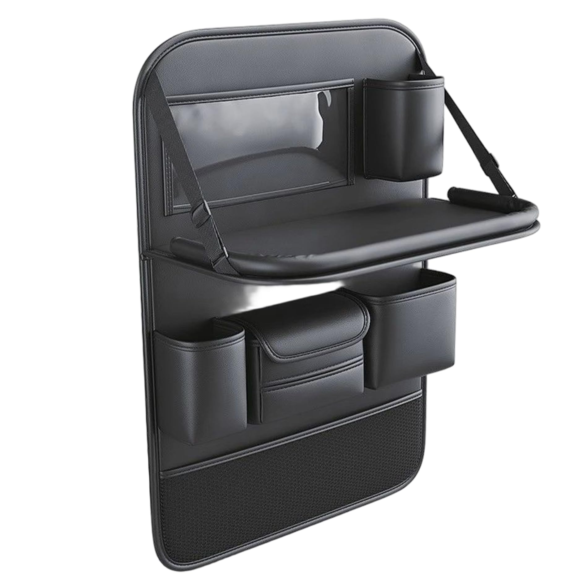 1-Pack Foldable Leather Car Back Seat Organizer with Tray & Pockets