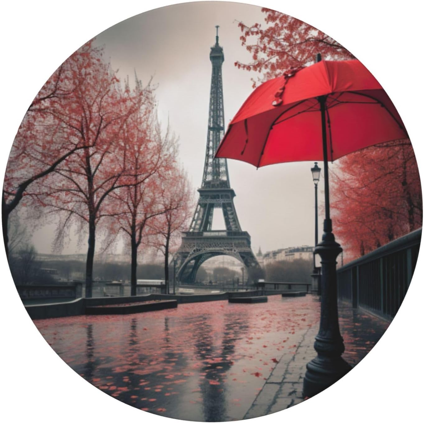 Eiffel Tower with Red Umbrella Print Outdoor Patio Kitchen Decor Supplies Wipeable Round Table Cloth for Indoor Outdoor