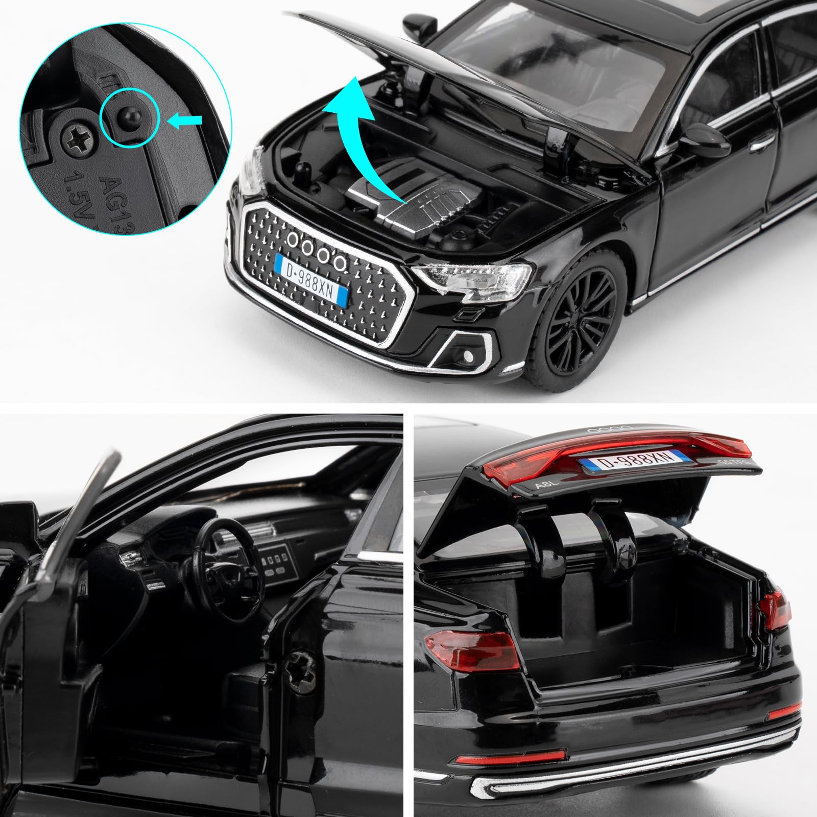 imtfzct Audi A8 1/32 auto in miniatura con funzione sonora e luce giocattolo per bambini con funzione pull-ack, qualità da collezione, regalo per bambini, nero