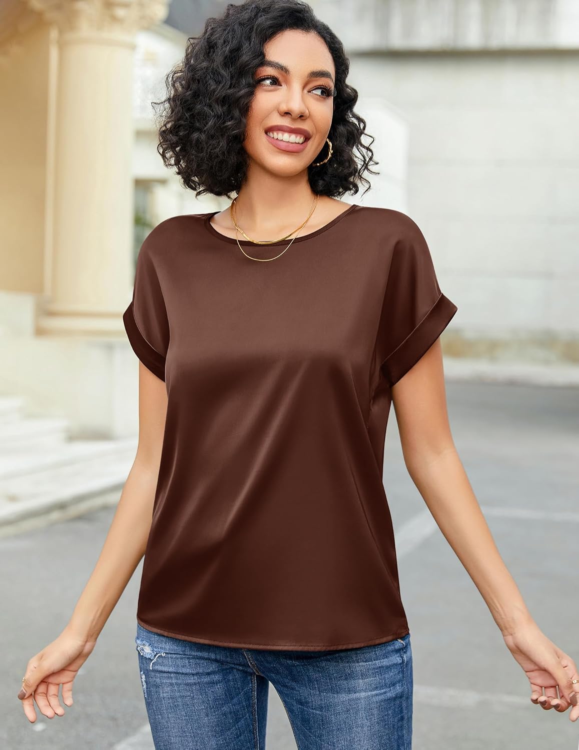 HOTOUCH Women's Short Sleeve Pullover Blouses Satin Silk Shirts Casual Loose Work Tunic Tops - Image 3